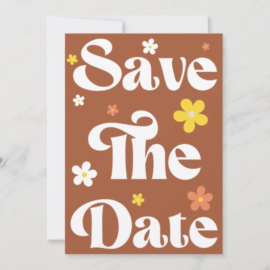 Groovy Daisy Terracotta Retro Typografie & Foto Save The Date (Voorkant)