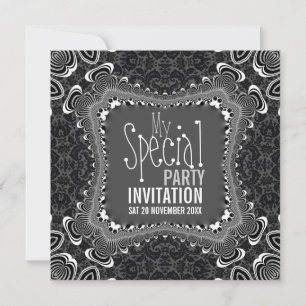 Groovy Damask Twist Zwarte Witte Feest Uitnodiging