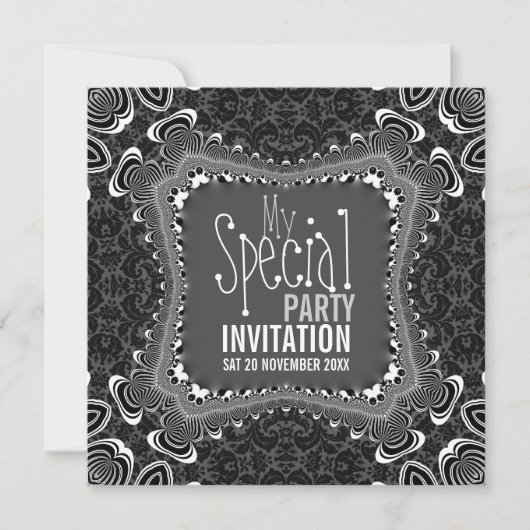 Groovy Damask Twist Zwarte Witte Feest Uitnodiging (Voorkant)