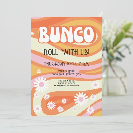 Groovy Dames Nacht Bunco Party Uitnodiging (Staand voorkant)