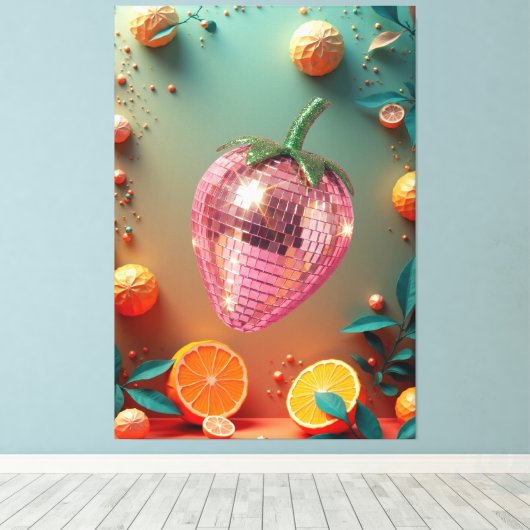 Groovy Disco Ball Strawberry Fruit Pop Art Wall Canvas Afdruk (Insitu (Houten vloer))