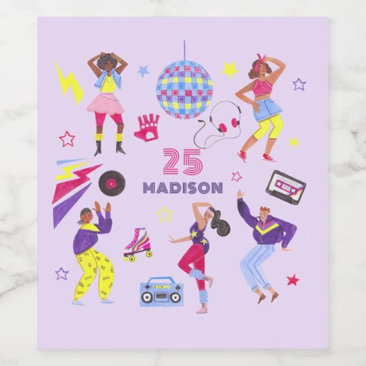 Groovy Disco Lila Party Millennial Retro Wijn Etiket (Enkel label)