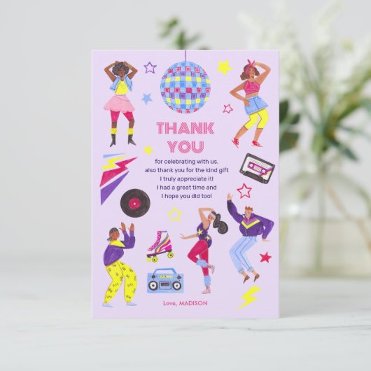Groovy Disco Lila Party Retro 80s Meisjes Bedankkaart (Staand voorkant)