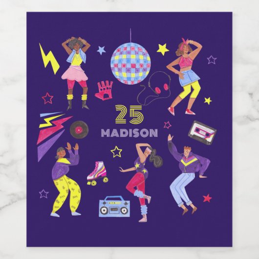 Groovy Disco Paarse Party Millennial Retro Wijn Etiket (Enkel label)