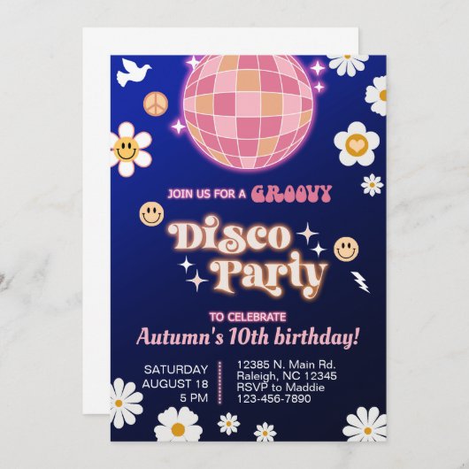 Groovy disco party meisje verjaardag uitnodigen re kaart (Voorkant / Achterkant)