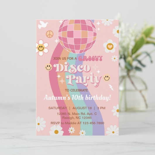 Groovy disco party meisje verjaardag uitnodigen re kaart (Staand voorkant)