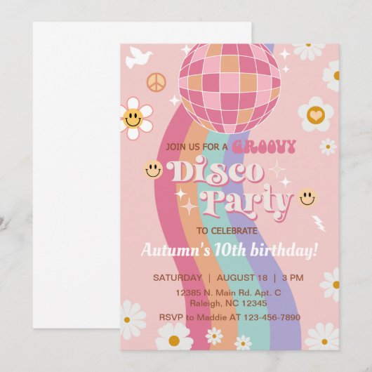 Groovy disco party meisje verjaardag uitnodigen re kaart (Voorkant / Achterkant)