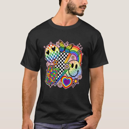 Groovy Disco Smile Face LGBTQ Pride Rainbow Flag V T-shirt (Voorkant)