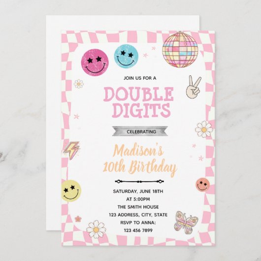 Groovy Double Digits verjaardagsfeestje uitnodigin Kaart (Voorkant / Achterkant)