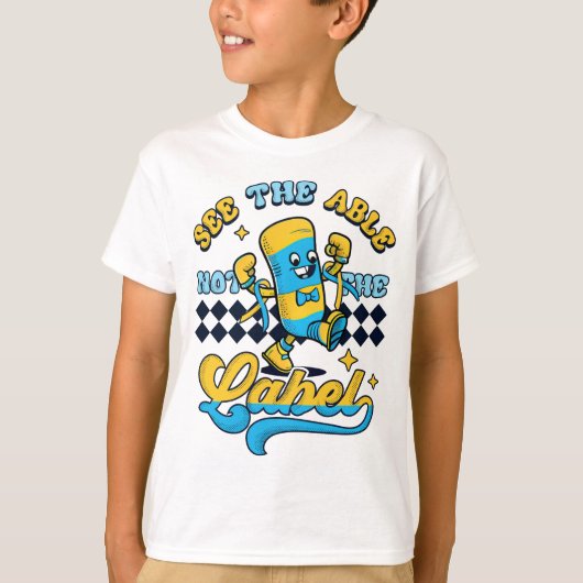 Groovy Down Syndrome Zie het etiket niet T-shirt (Voorkant)