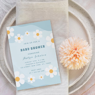 Groovy Dusty Blue Retro Daisy Floral Baby shower Kaart