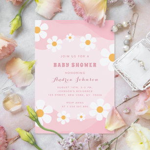 Groovy Dusty Pink Retro Daisy Floral Baby shower Kaart