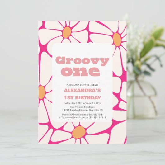 Groovy een 1e Verjaardag roze en sinaasappel Kaart (Staand voorkant)