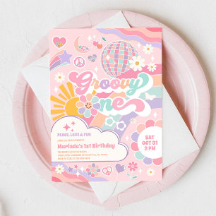 Groovy Eén Disco Regenboog Zon 1e Verjaardag  Kaart