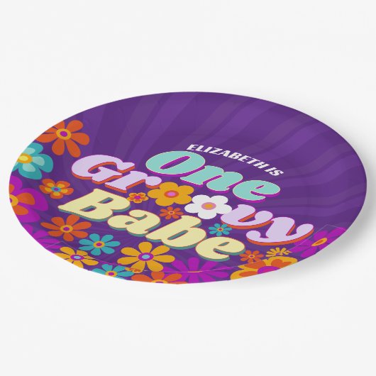 Groovy een kleurrijke retro bloemenverjaardag papieren bordje (Gekanteld)