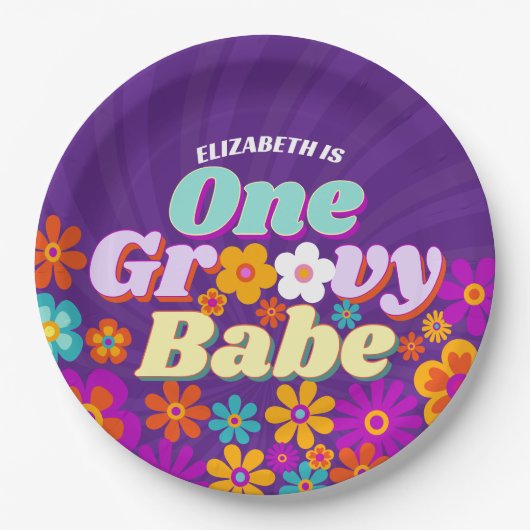 Groovy een kleurrijke retro bloemenverjaardag papieren bordje (Voorkant)