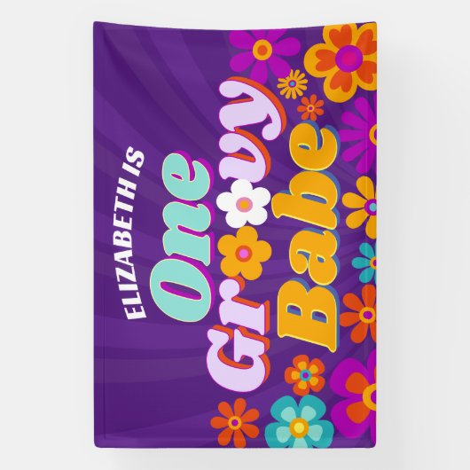 Groovy een kleurrijke retro bloemenverjaardag spandoek (Verticaal)
