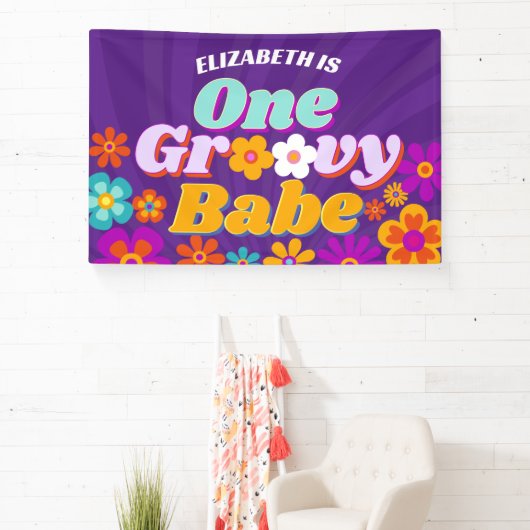 Groovy een kleurrijke retro bloemenverjaardag spandoek (Insitu)