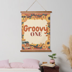 Groovy Eén Leeuw Verjaardag Retro 70s Eerste Verja Hangend Wandkleed