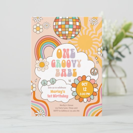 Groovy Een Meisje Retro 70s Regenboog 1e Verjaarda Kaart (Staand voorkant)