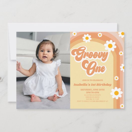 Groovy Een Oranje Retro Daisy 1e Verjaardagsfeest Kaart (Voorkant)