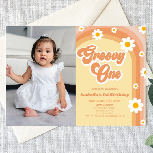 Groovy Een Oranje Retro Daisy 1e Verjaardagsfeest Kaart