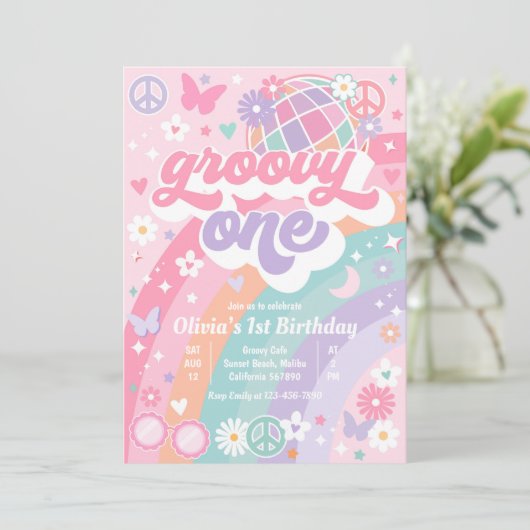 Groovy Eén Pastel Roze Regenboog 1e Verjaardagsfee Kaart (Staand voorkant)