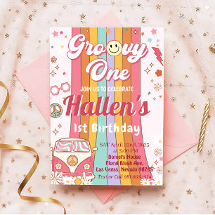 Groovy Eén Retro Daisy Regenboog Eerste Verjaardag Kaart