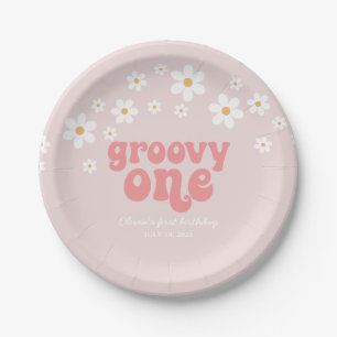 Groovy Eén Retro madelief boho bloem eerste verjaa Papieren Bordje