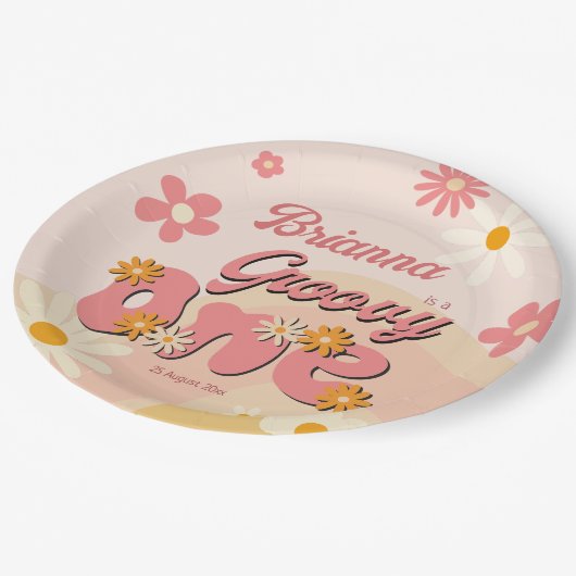 Groovy een retro madeliefje 1e verjaardag geprint papieren bordje (Gekanteld)