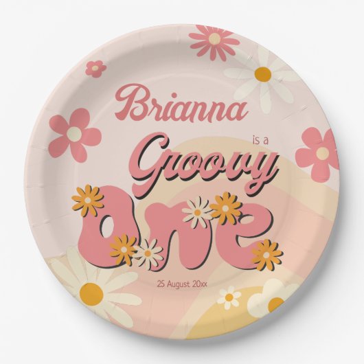 Groovy een retro madeliefje 1e verjaardag geprint papieren bordje (Voorkant)