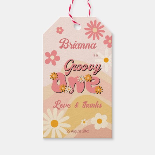 Groovy een retro madeliefje 1e verjaardag gunst cadeaulabel (Voorkant)