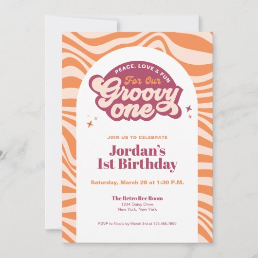 Groovy Eerste Verjaardag Retro Boho Uitnodiging  (Voorkant)