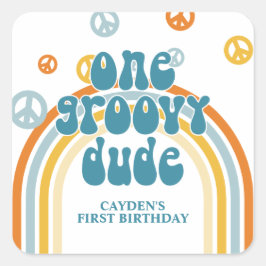 Groovy Eerste Verjaardag Retro Jongen Vierkante Sticker