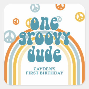 Groovy Eerste Verjaardag Retro Jongen Vierkante Sticker