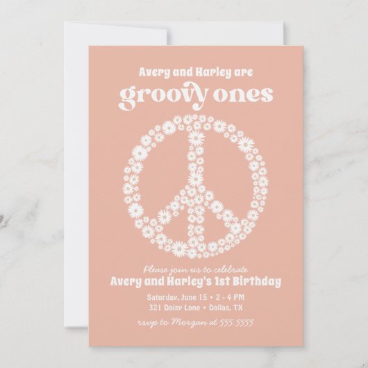 Groovy Ees 70s Roze Daisy 1st Birthday Party Kaart (Voorkant)