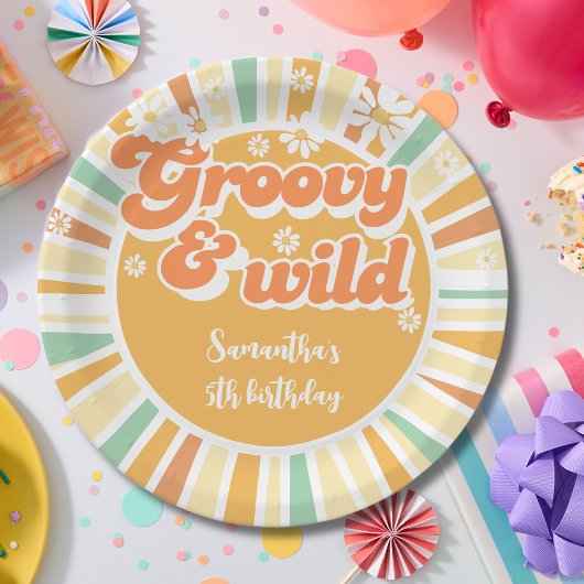 Groovy en wild retro zon kinderen verjaardag papieren bordje