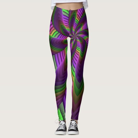 Groovy Energetische Kleurrijke Neon Fractal Patroo Leggings (Voorkant)
