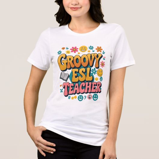 Groovy ESL Teacher – Retro Multicultureel Tweetali Tri-Blend Shirt (Voorkant)