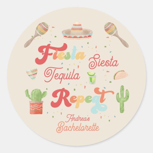 Groovy Fiesta Siesta Tequila Repat Bachelorette Ronde Sticker (Voorkant)