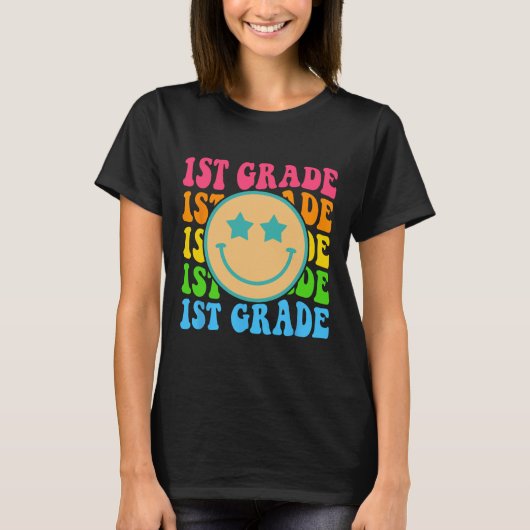 Groovy First Grade Vibes Face Retro Teachers Back T-shirt (Voorkant)