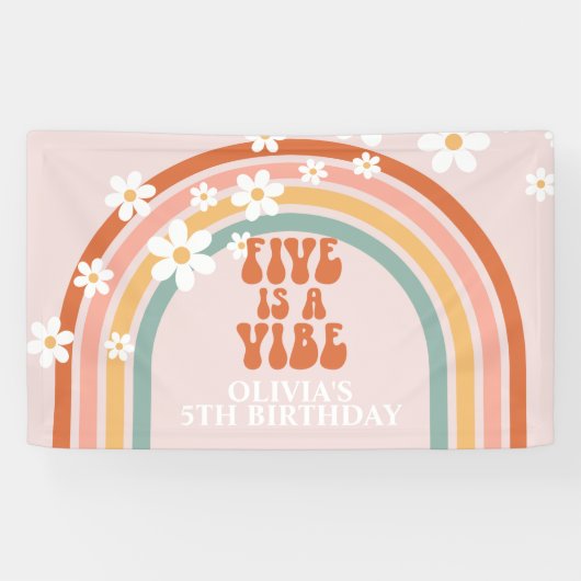 Groovy Five is een Vibe Rainbow Daisy Birthday Spandoek (Horizontaal)