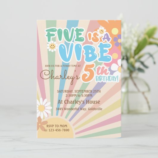 Groovy Five is een Vibe Retro Sunshine 5e verjaard Kaart (Staand voorkant)