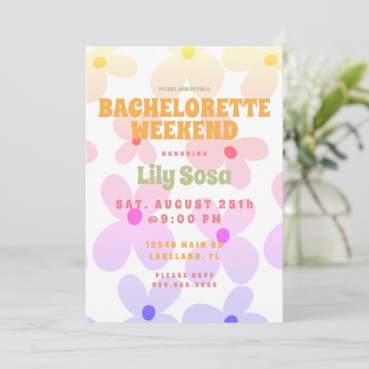 Groovy Flora Retro Bachelorette Weekend Rainbow Kaart (Staand voorkant)