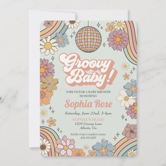 Groovy Floral Baby shower, jaren 70 retro thema ui (Voorkant)