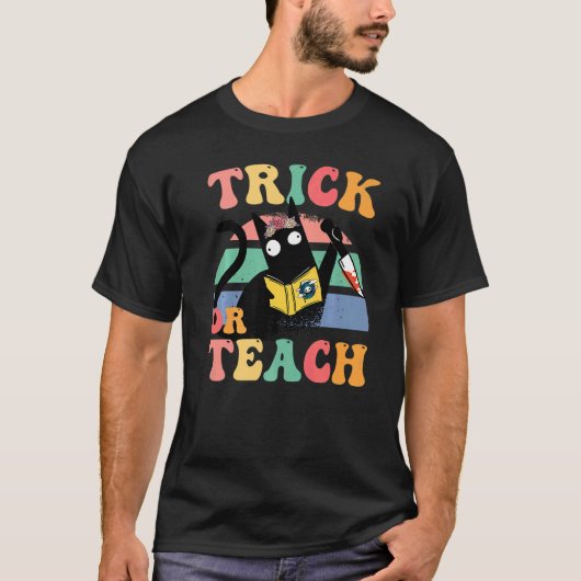 Groovy Floral Cat Spooky Crew Trick or Teach Seaso T-shirt (Voorkant)