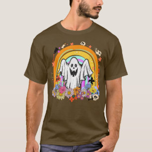 Groovy  Floral Ghost Cute Halloween Rainbow T-shirt