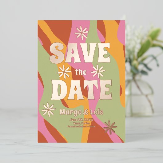 Groovy Florals Save the Date Ppress Folie Uitnodiging (Staand Voorkant)