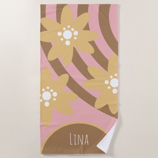 Groovy Florals Yellow Brown Name Beach Towel Strandlaken (Voorkant)