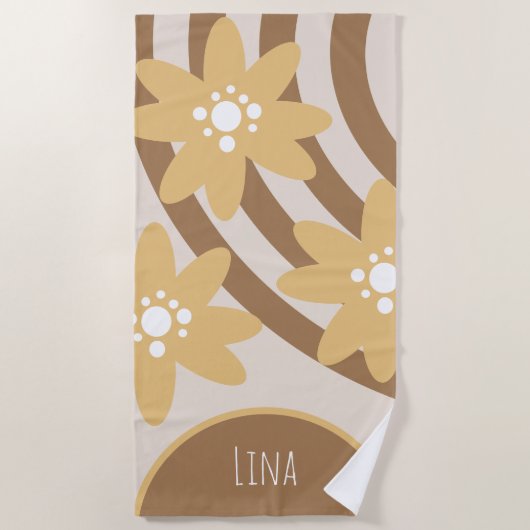 Groovy Florals Yellow Brown Name Beach Towel Strandlaken (Voorkant)